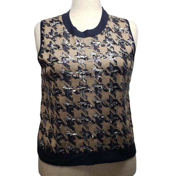 Ann Taylor Sweater Vest Size XL Sequined Houndstooth Knit Navy Beige Sleeveless - Picture 1 of 10